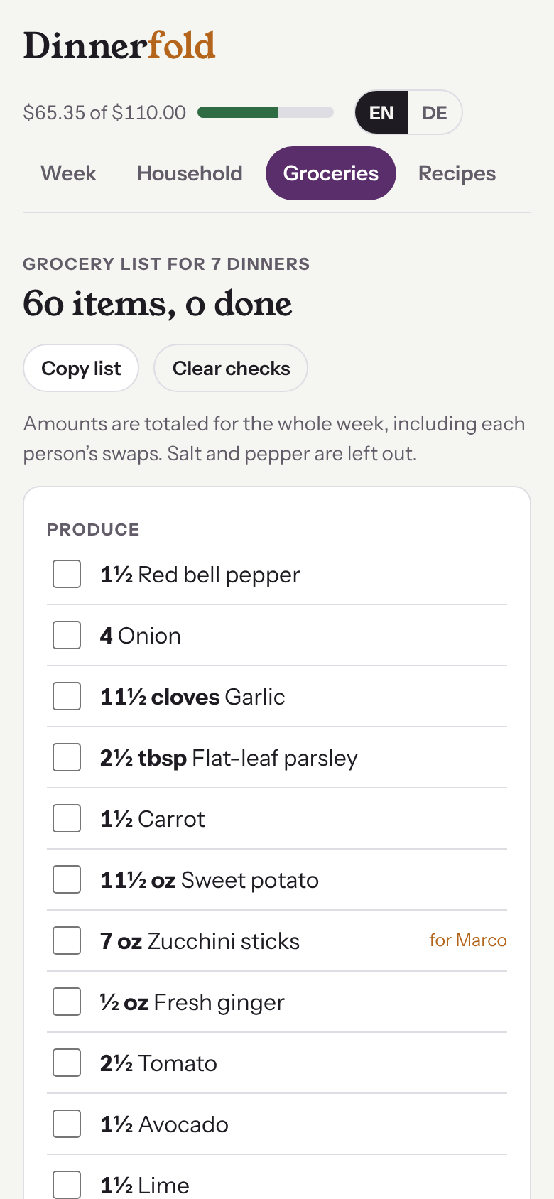 Grocery list sorted by aisle