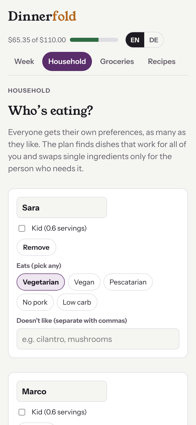 Household screen with preferences per person