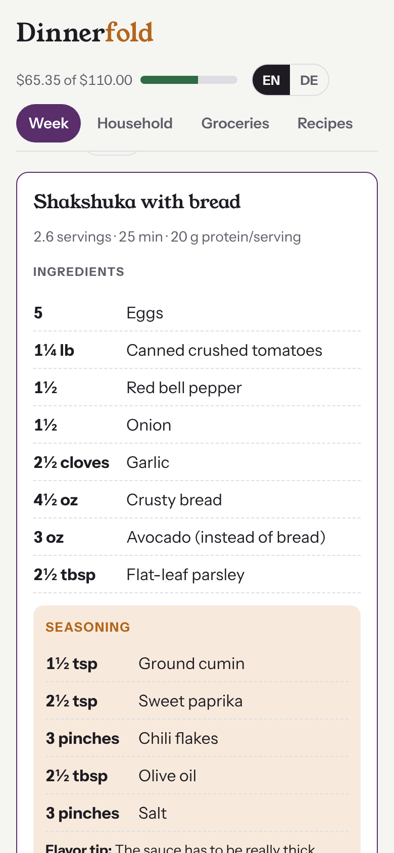 Recipe with ingredients in US units and a seasoning box